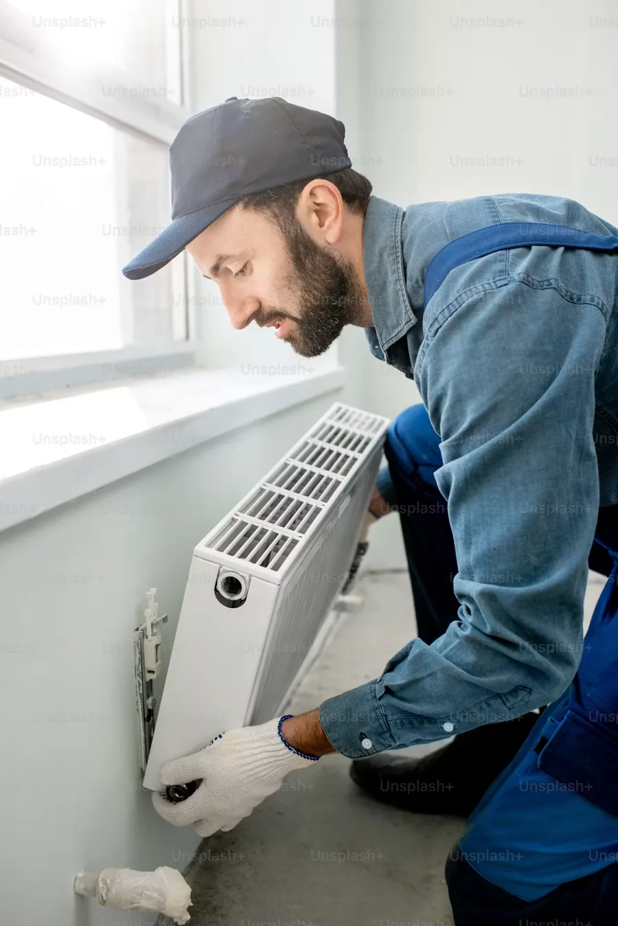 Plumber servicing a residential water heater tank